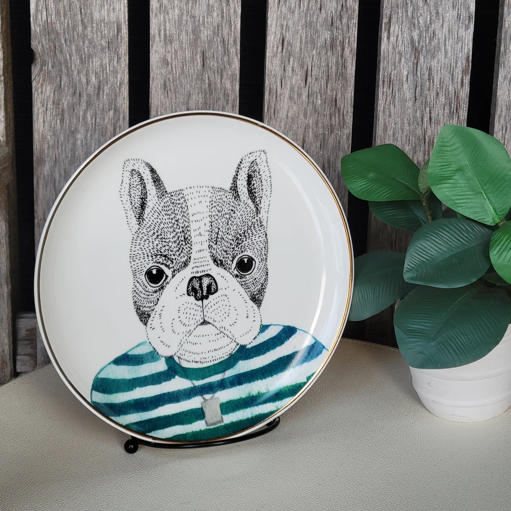Pier 1 Book Club Frenchie Bulldog Striped Sweater Porcelain Plate